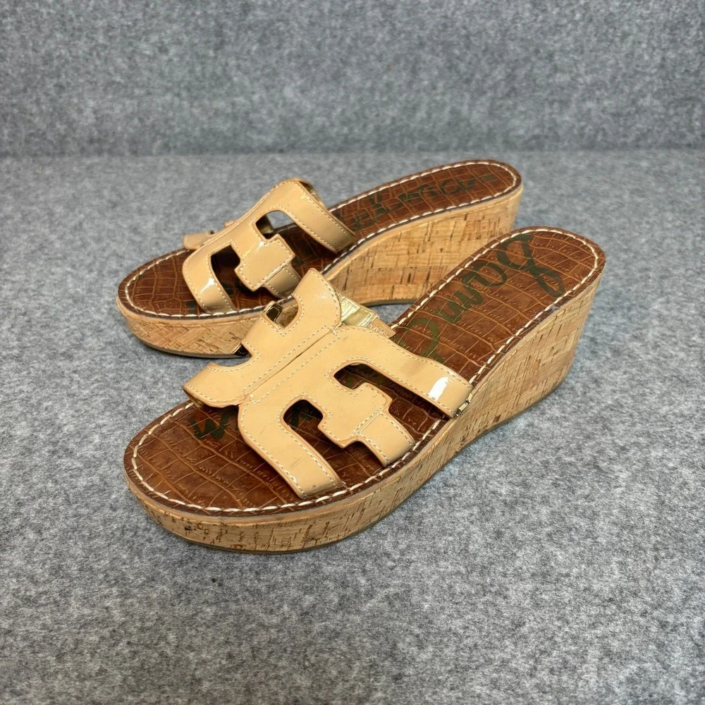Sam Edelman Regis Brown Nude Patent Leather Slip On Cork Wedge Sandals Womens 9